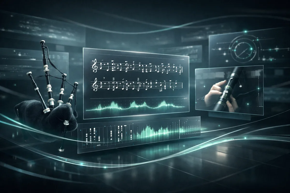 Digital music discovery and learning scene for bagpipe tunes